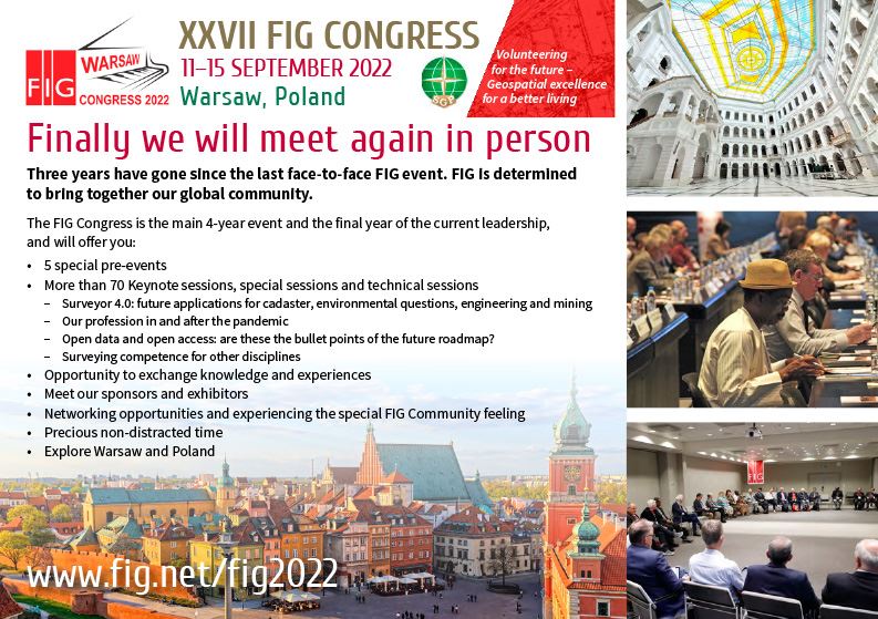 Promotional image with heading XXVII FIG CONGRESS 11-15 SEPTEMBER 2022 Warsaw, Poland, content beginning with Finally we will meet again in person...