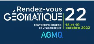 navy blue background, rectangle, with text Rendez-vous Géomatique 2022 Octobre 18 et 19 2022 CENTREEXPO COGECO de Drummondville AGMQ